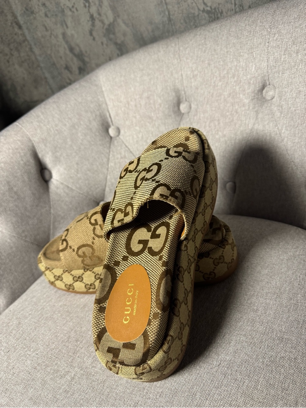 Gucci Beige Brown GG Canvas Slide Mules